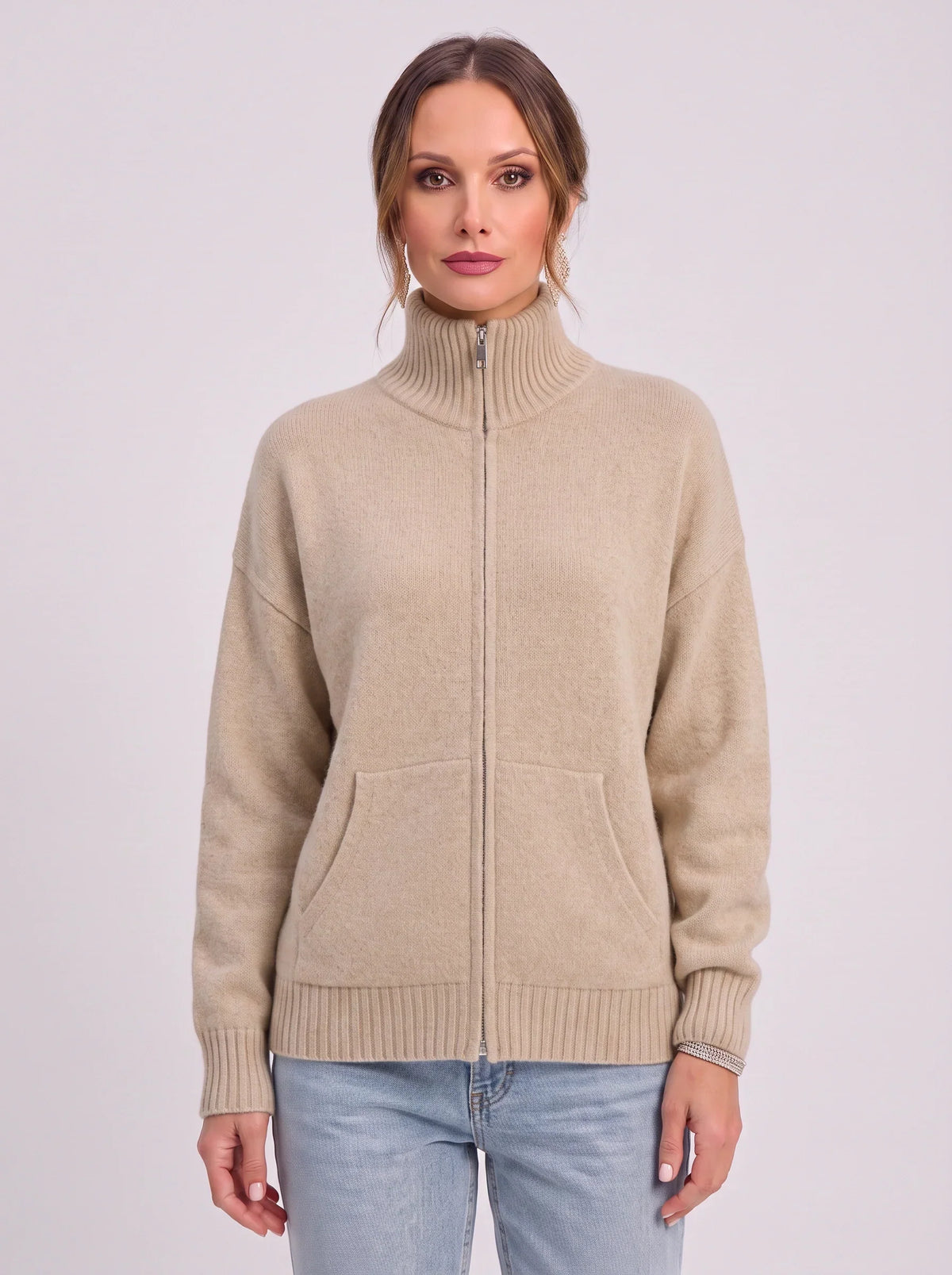Women's Full Zip Ribbed Cardigan Funnel Neck Sweater