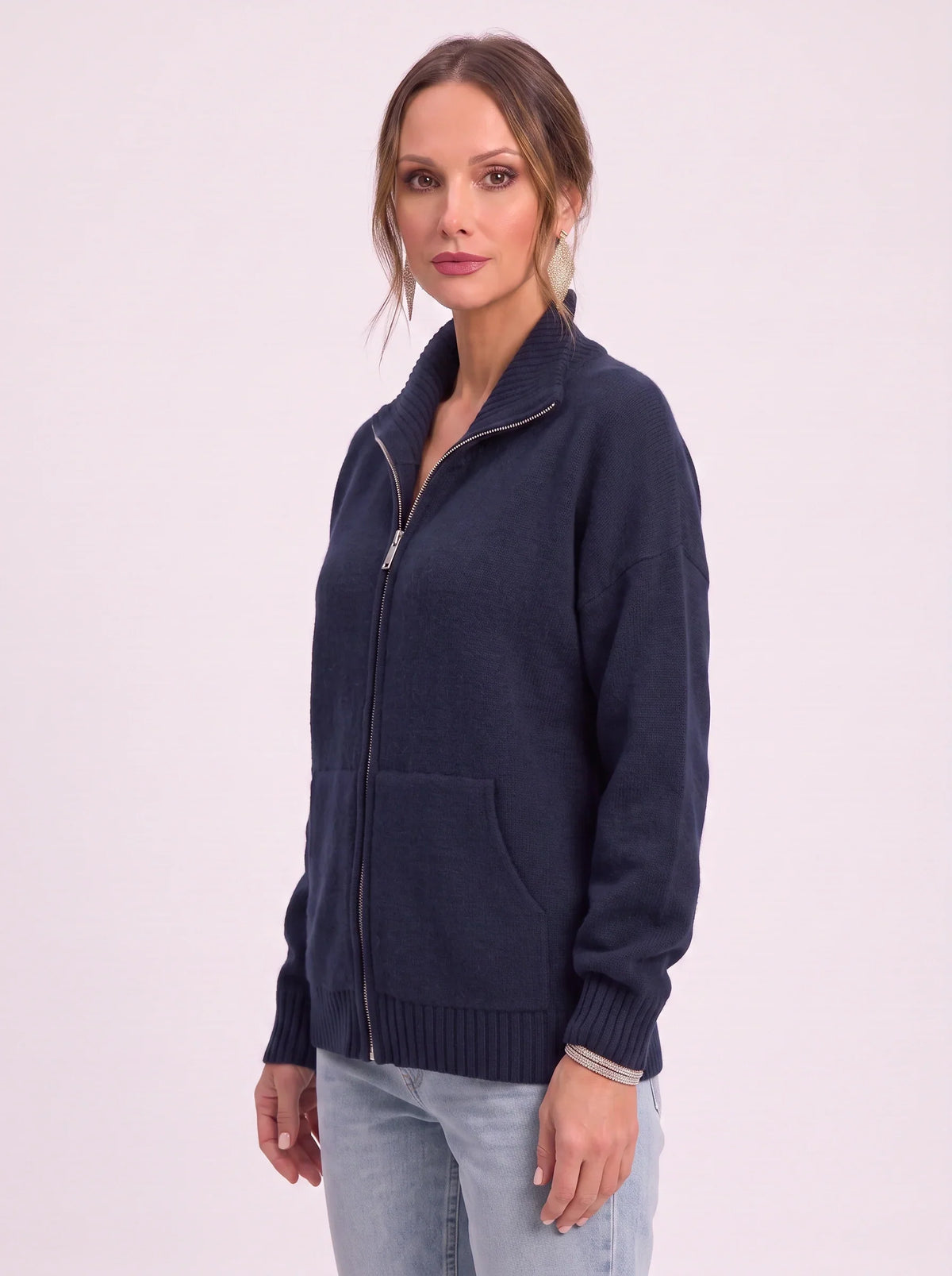 Women's Full Zip Ribbed Cardigan Funnel Neck Sweater
