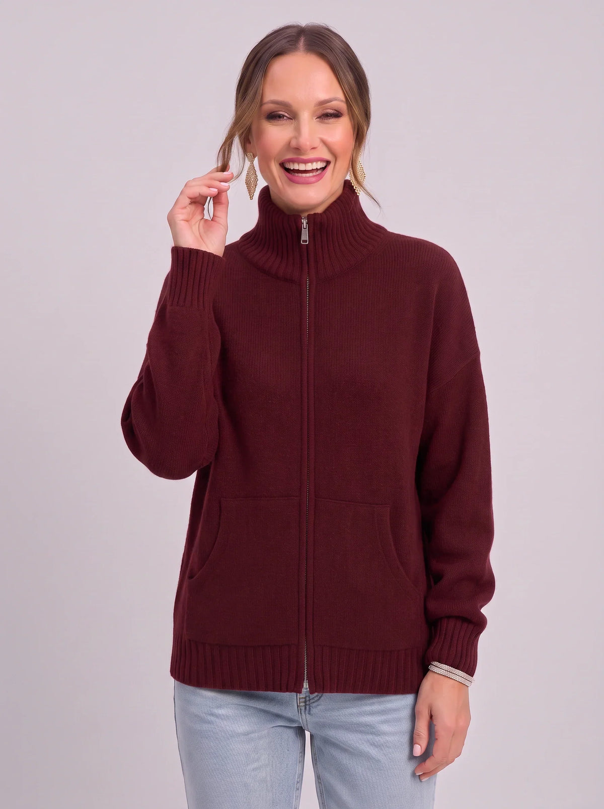 Women's Full Zip Ribbed Cardigan Funnel Neck Sweater