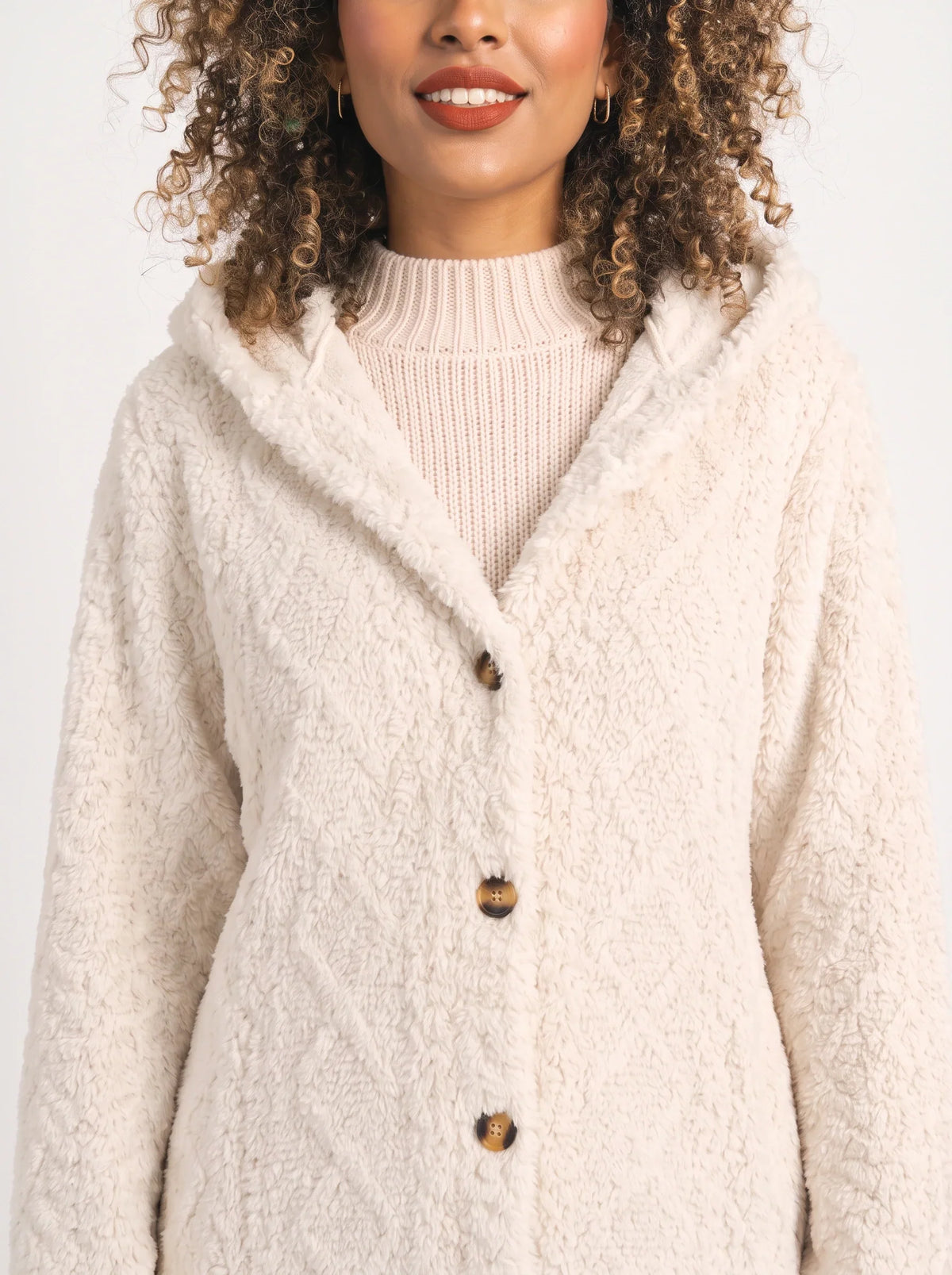 Women's Oversized Hooded Teddy Button Front Cardigan