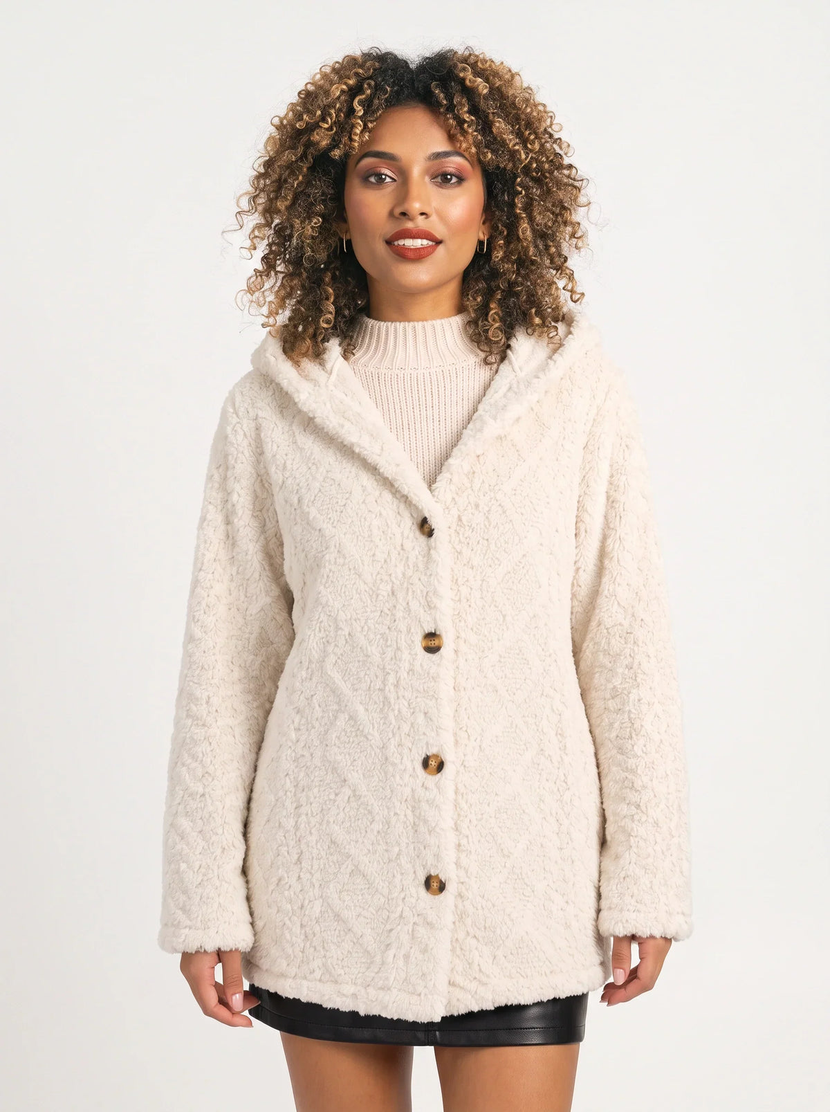 Women's Oversized Hooded Teddy Button Front Cardigan