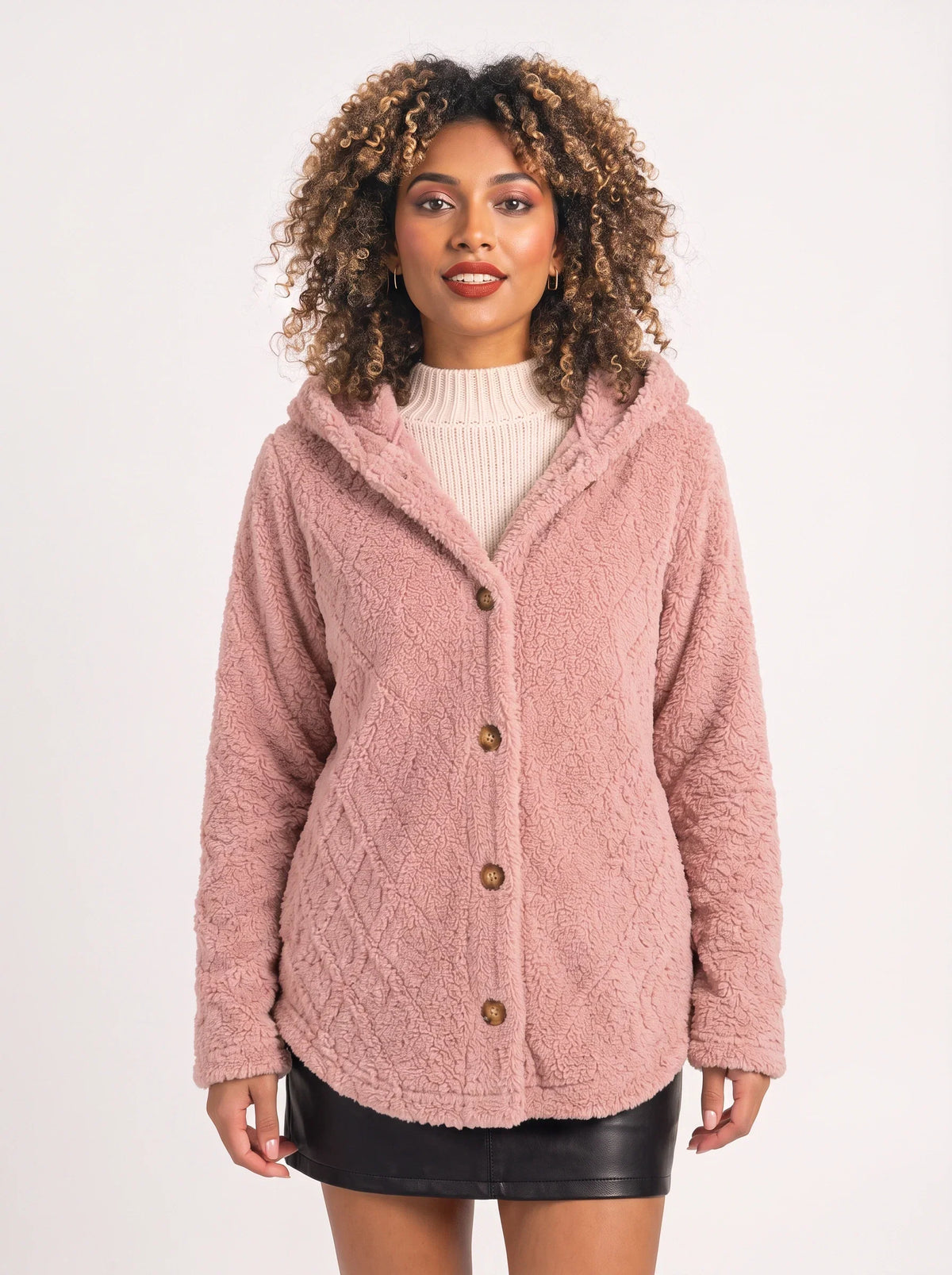 Women's Oversized Hooded Teddy Button Front Cardigan