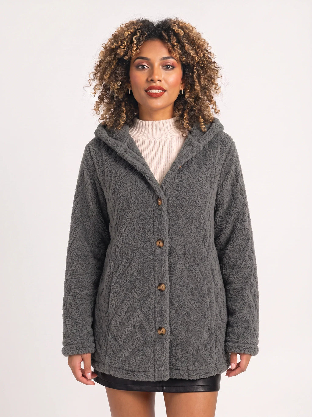 Women's Oversized Hooded Teddy Button Front Cardigan