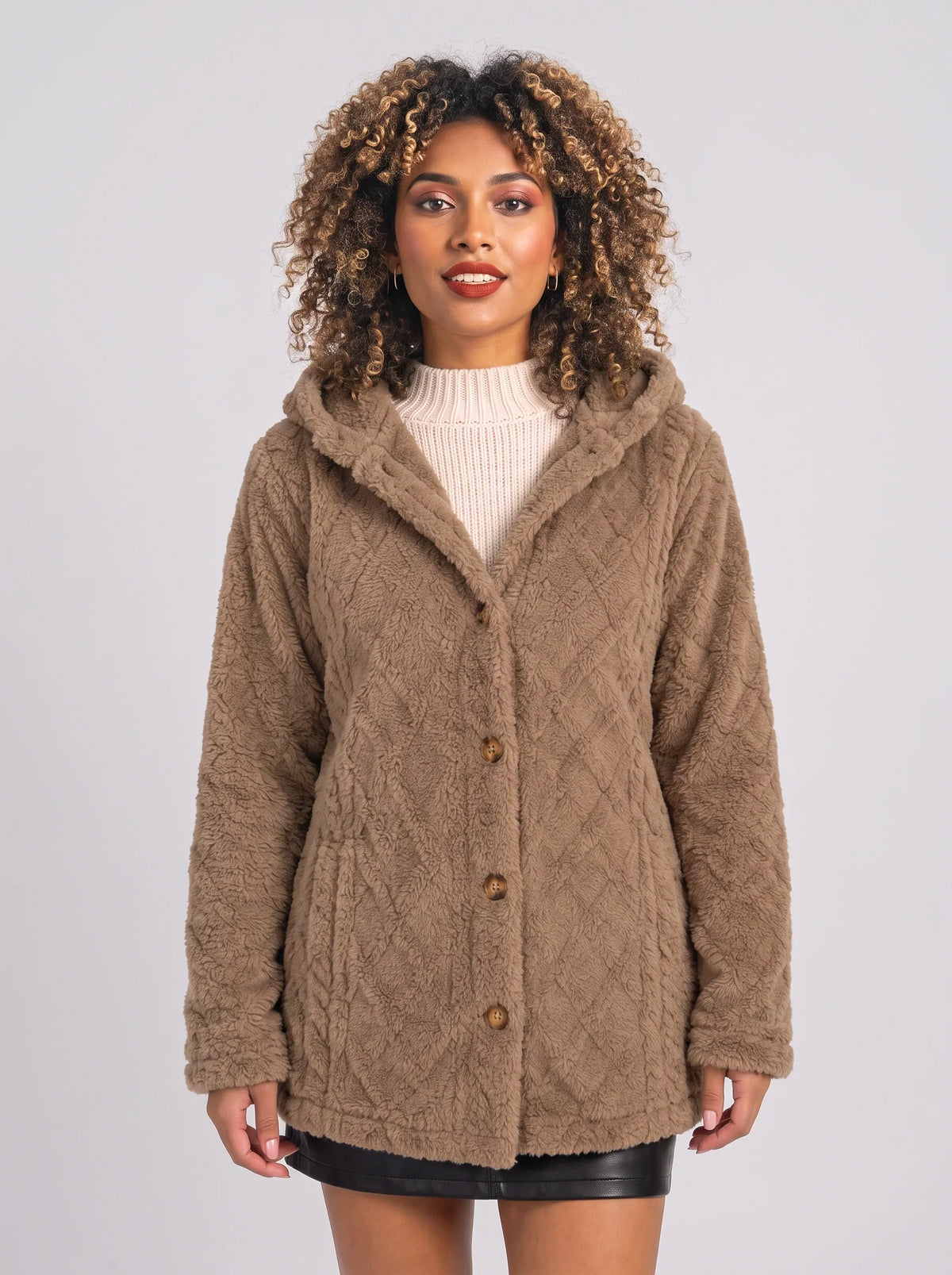 Women's Oversized Hooded Teddy Button Front Cardigan
