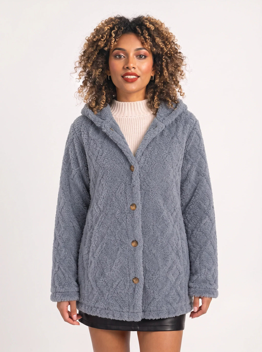 Women's Oversized Hooded Teddy Button Front Cardigan