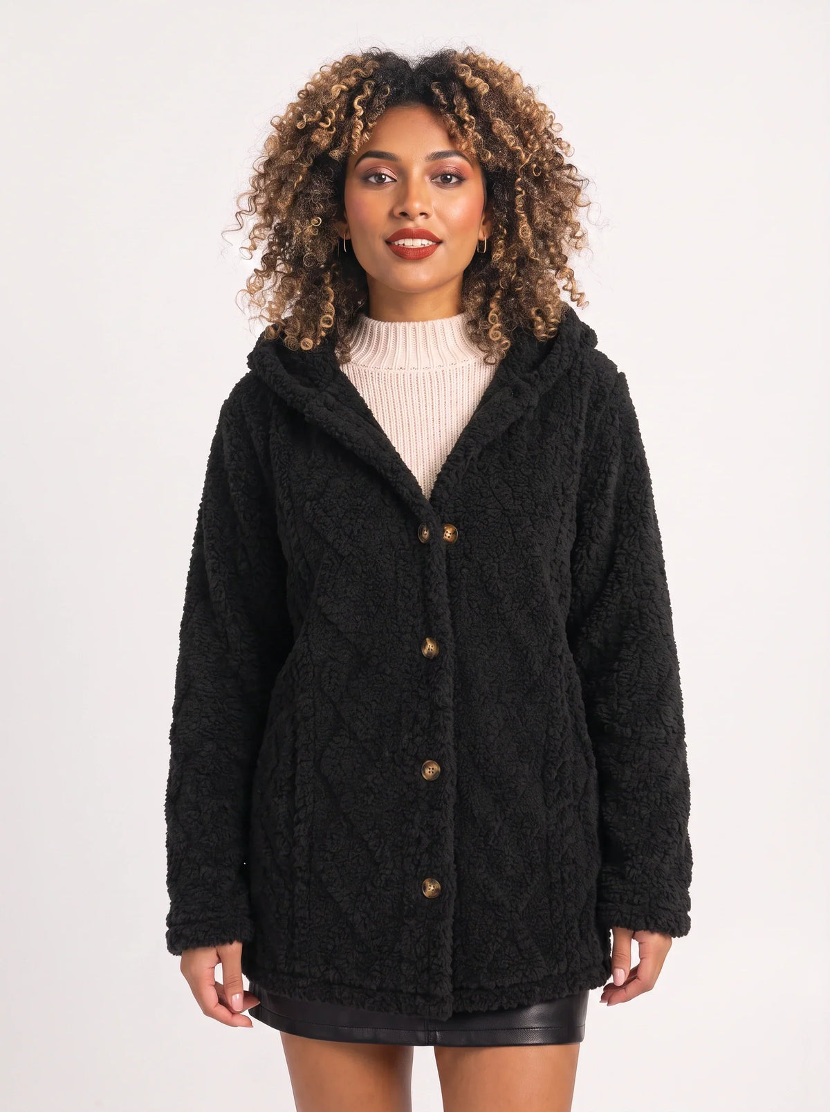 Women's Oversized Hooded Teddy Button Front Cardigan