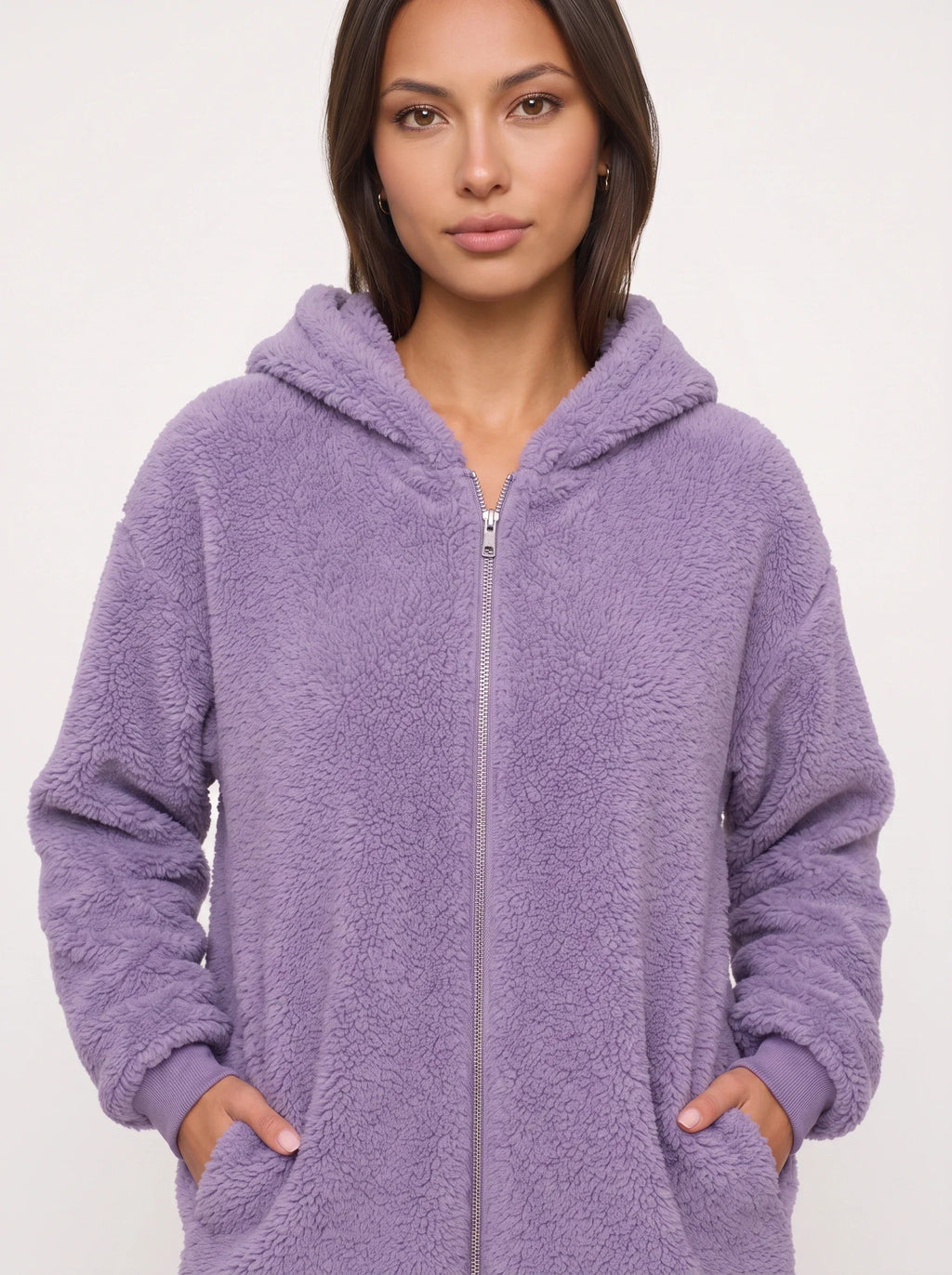 Women's Oversized Hooded Teddy Longline Zipper Jacket