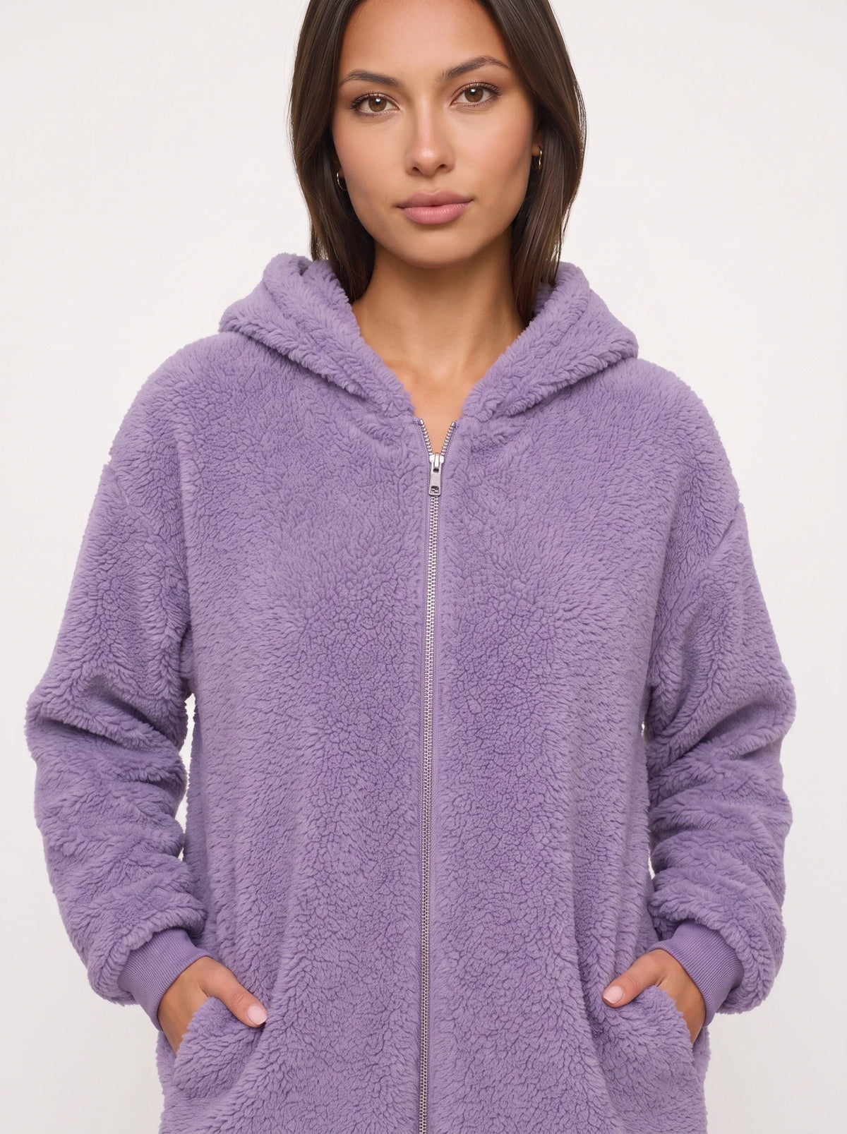 Women's Oversized Hooded Teddy Longline Zipper Jacket