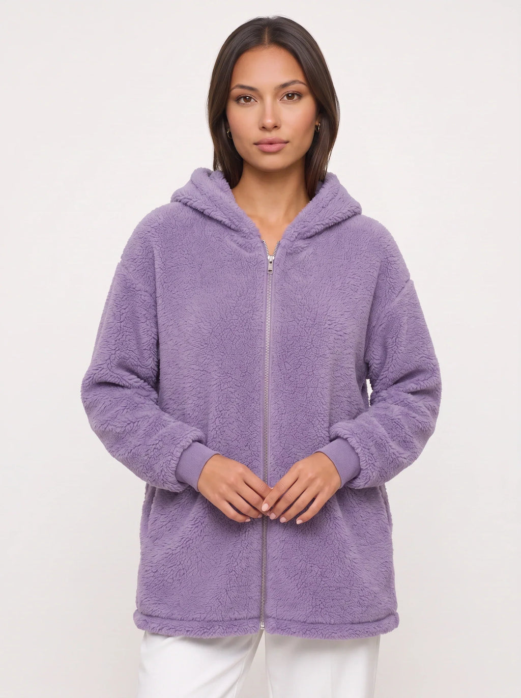 Women's Oversized Hooded Teddy Longline Zipper Jacket