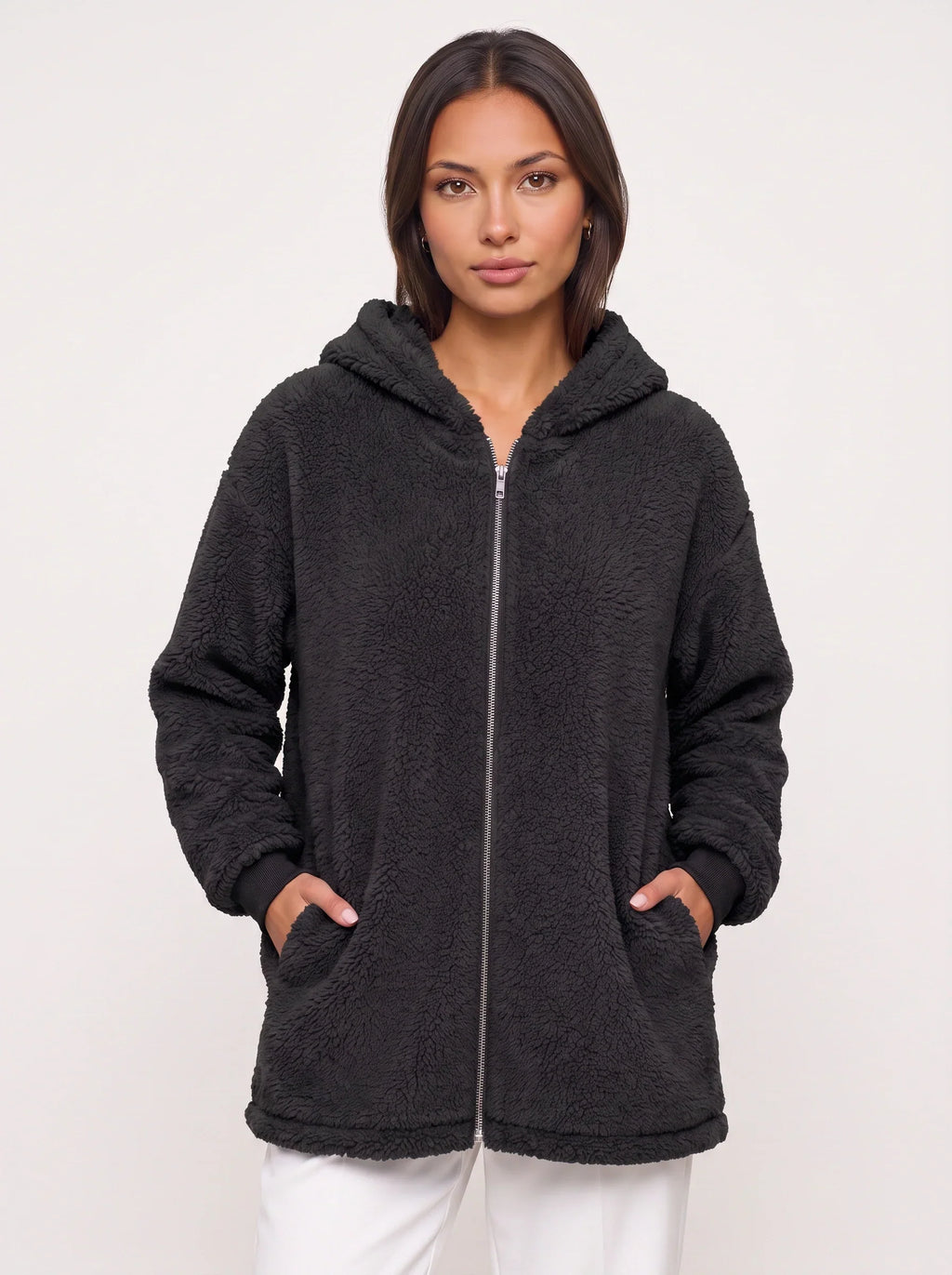 Women's Oversized Hooded Teddy Longline Zipper Jacket