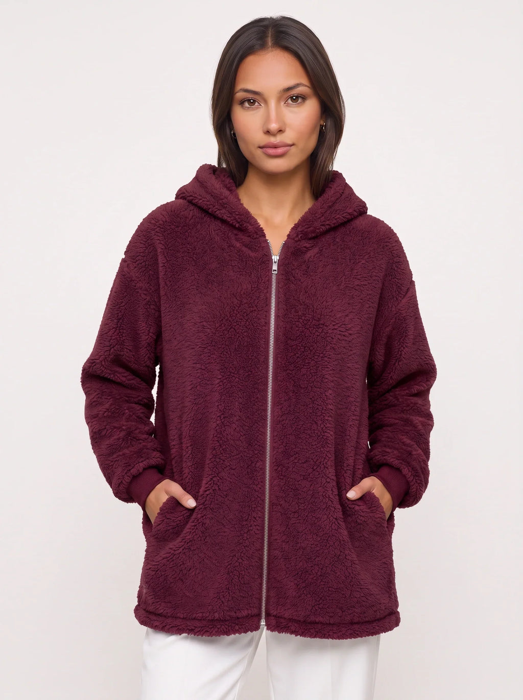 Women's Oversized Hooded Teddy Longline Zipper Jacket