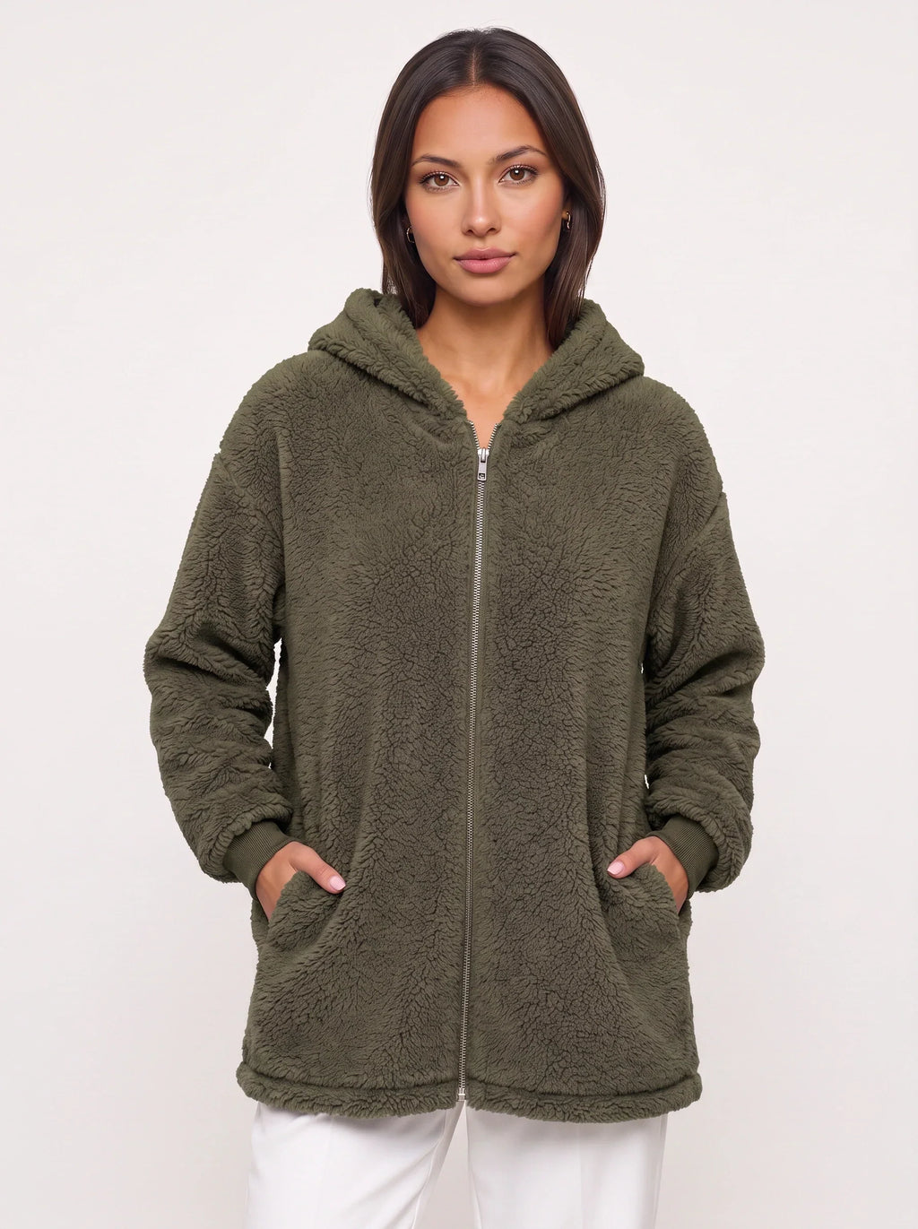 Women's Oversized Hooded Teddy Longline Zipper Jacket