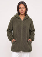 Women's Oversized Hooded Teddy Longline Zipper Jacket