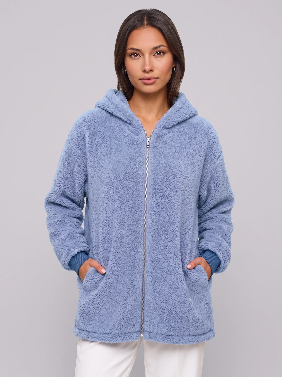 Women's Oversized Hooded Teddy Longline Zipper Jacket