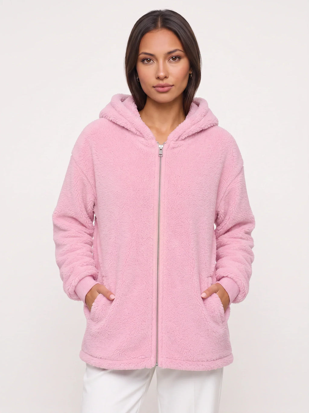 Women's Oversized Hooded Teddy Longline Zipper Jacket