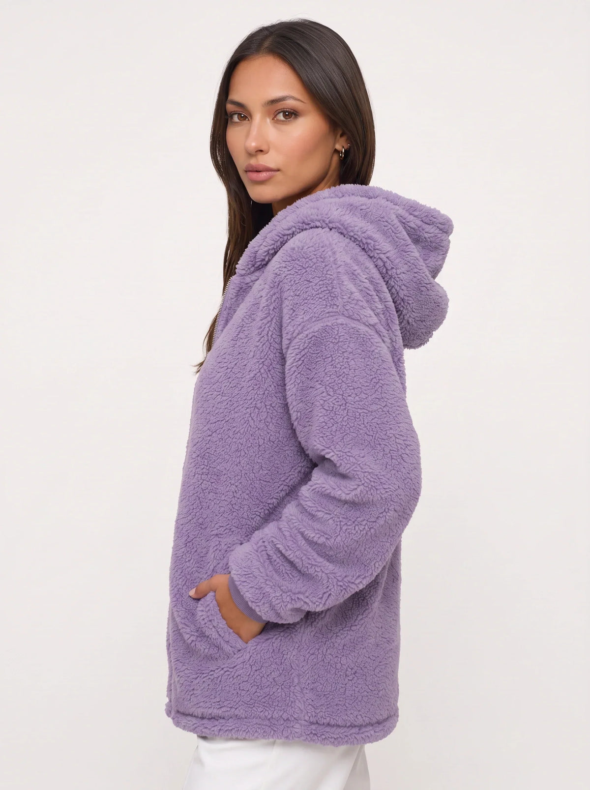 Women's Oversized Hooded Teddy Longline Zipper Jacket