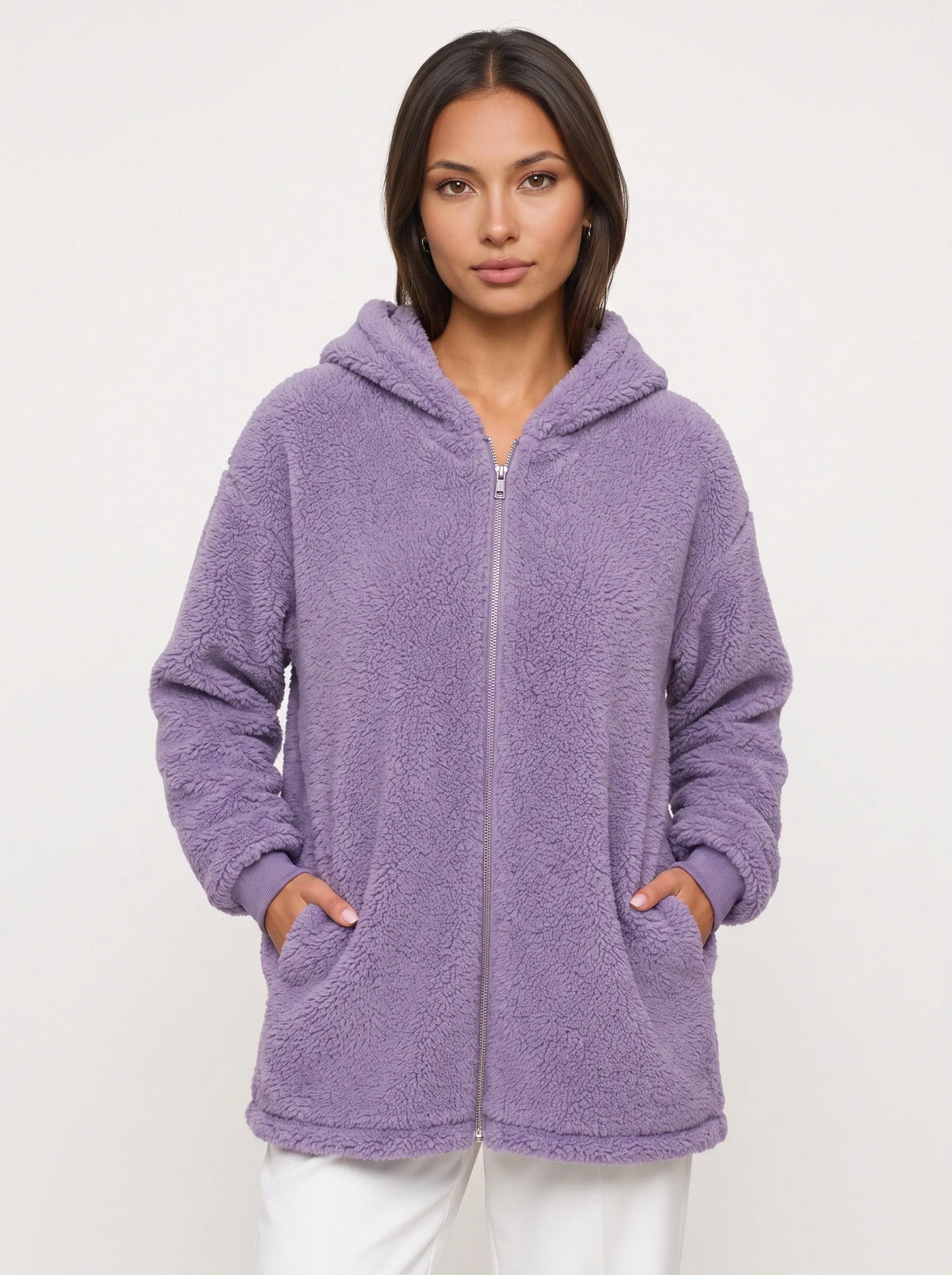Women's Oversized Hooded Teddy Longline Zipper Jacket
