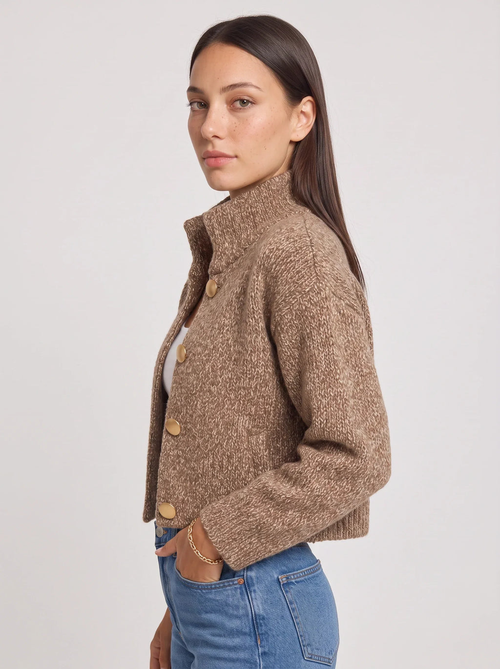 Women's Textured Cable Knit Cropped Button Cardigan