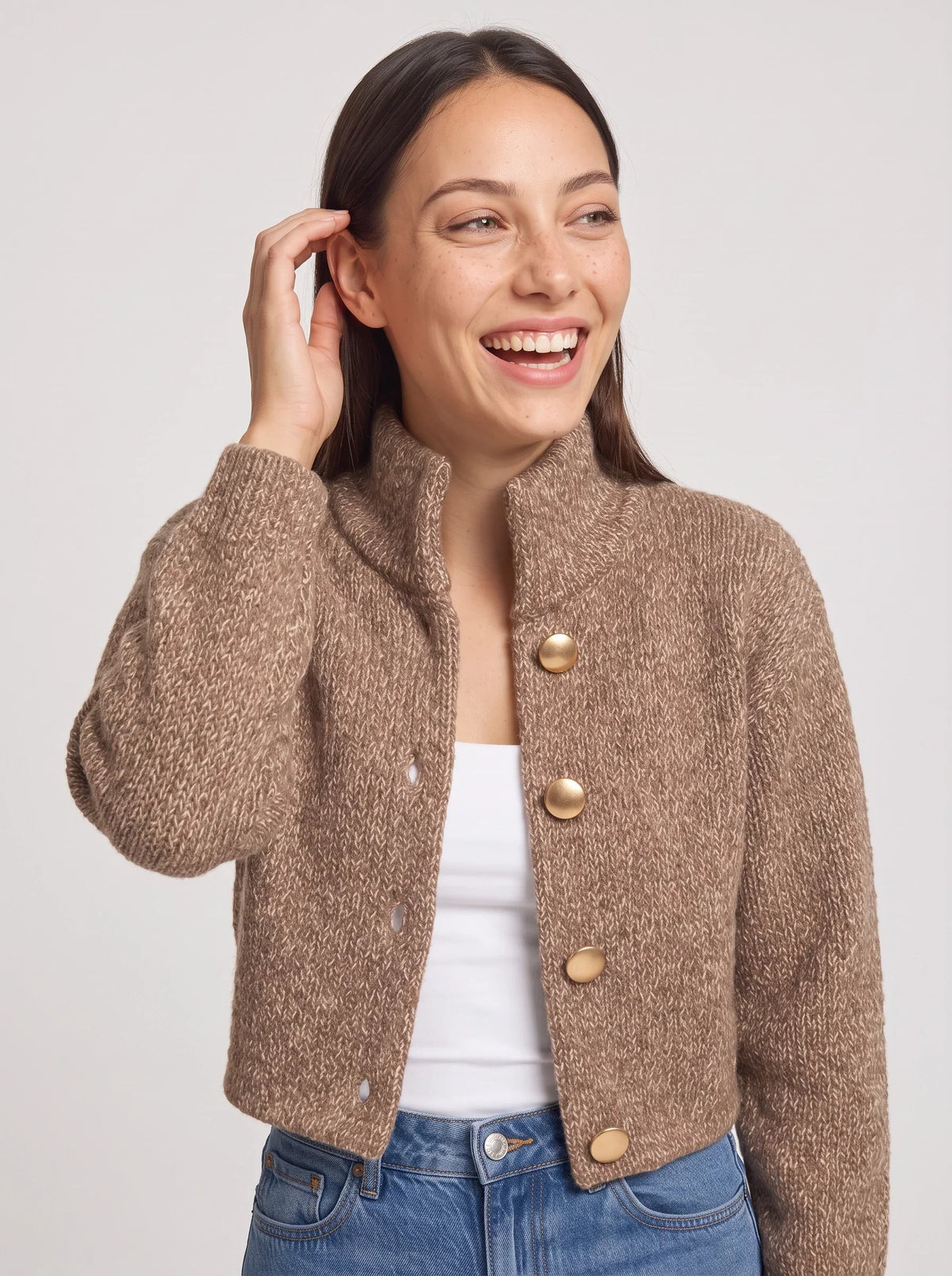 Women's Textured Cable Knit Cropped Button Cardigan