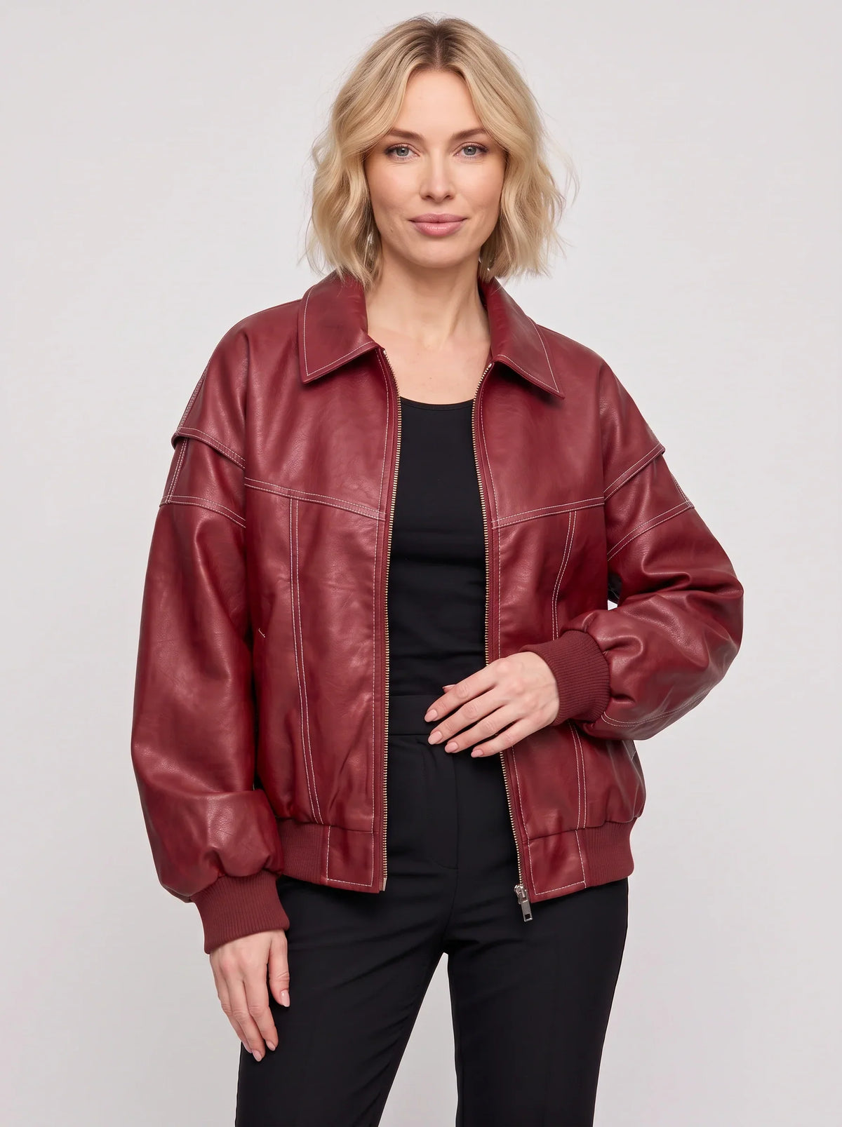 Women's Oversized Leather Bomber Jacket Streetwear Coat