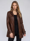 Women's Longline Leather Utility Jacket Zip Front Coat