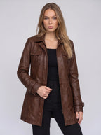 Women's Longline Leather Utility Jacket Zip Front Coat