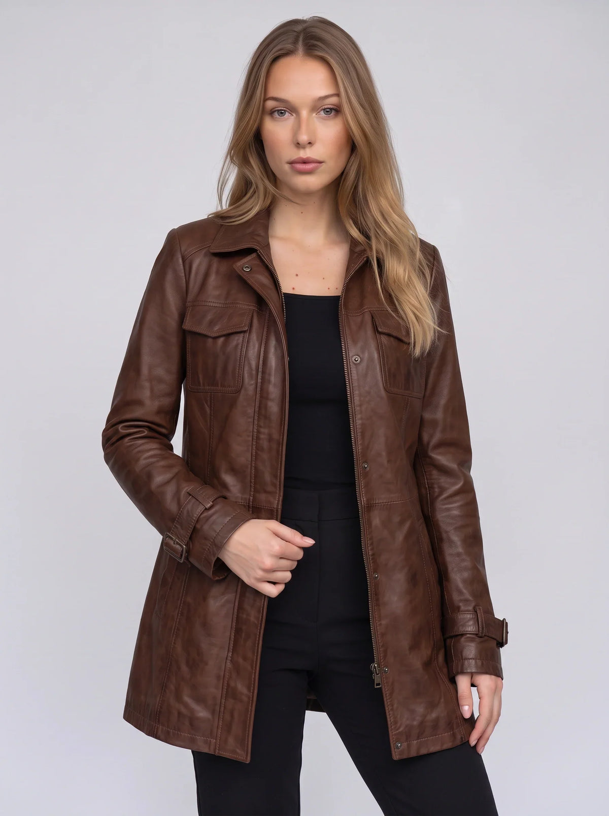 Women's Longline Leather Utility Jacket Zip Front Coat