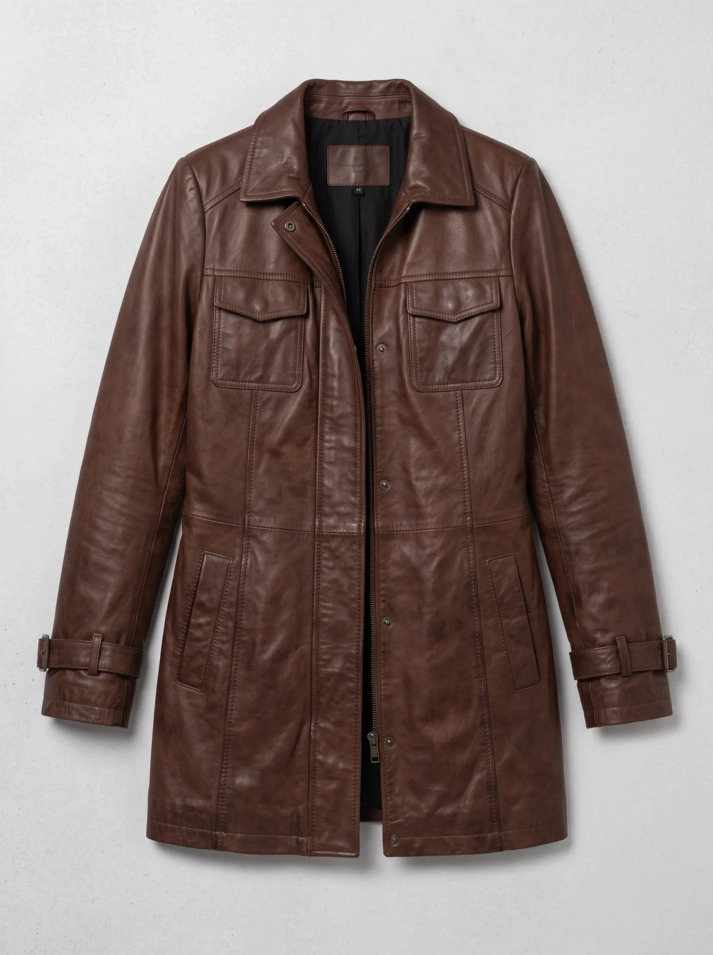 Women's Longline Leather Utility Jacket Zip Front Coat