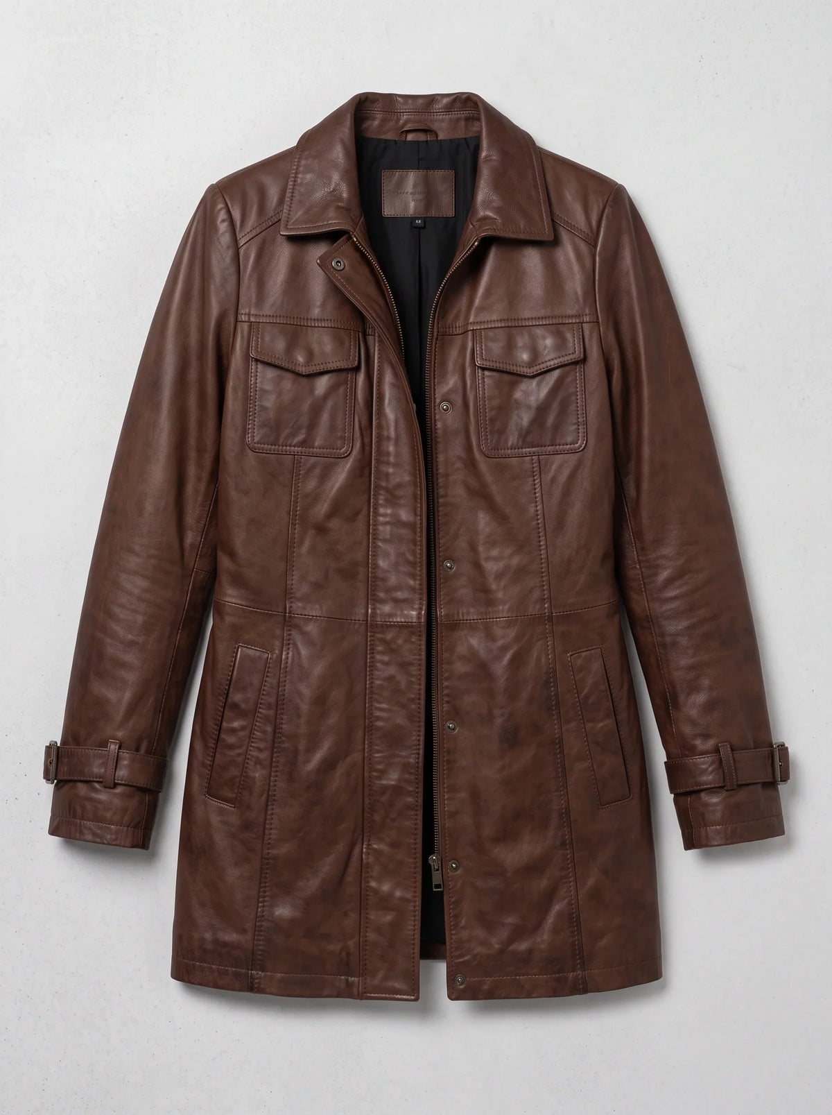 Women's Longline Leather Utility Jacket Zip Front Coat