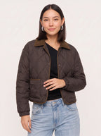 Quiltrend Diamond Quilted Cropped Puffer Jacket – Women Corduroy Collar Winter Outerwear Casual Streetwear Coat