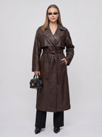 Women's Longline Faux Leather Belted Winter Trench