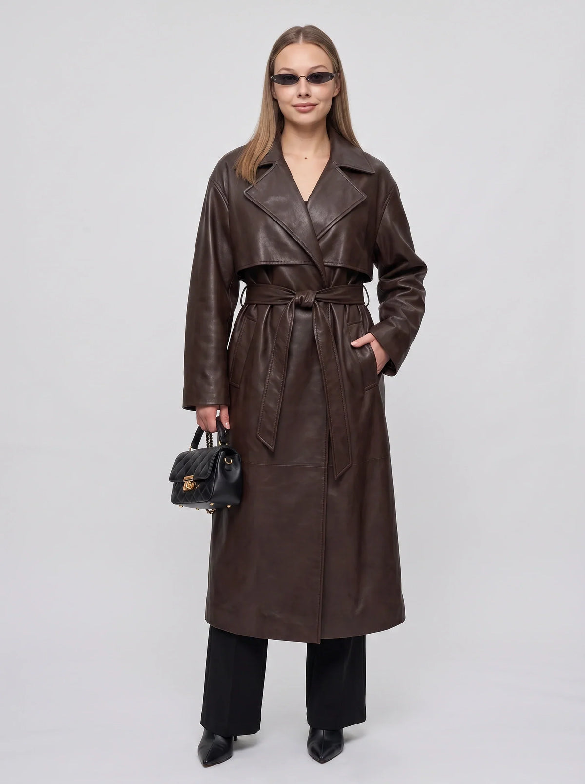 Women's Longline Faux Leather Belted Winter Trench
