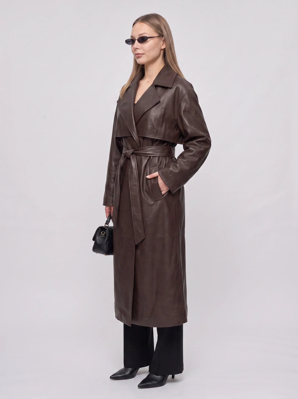 Women's Longline Faux Leather Belted Winter Trench