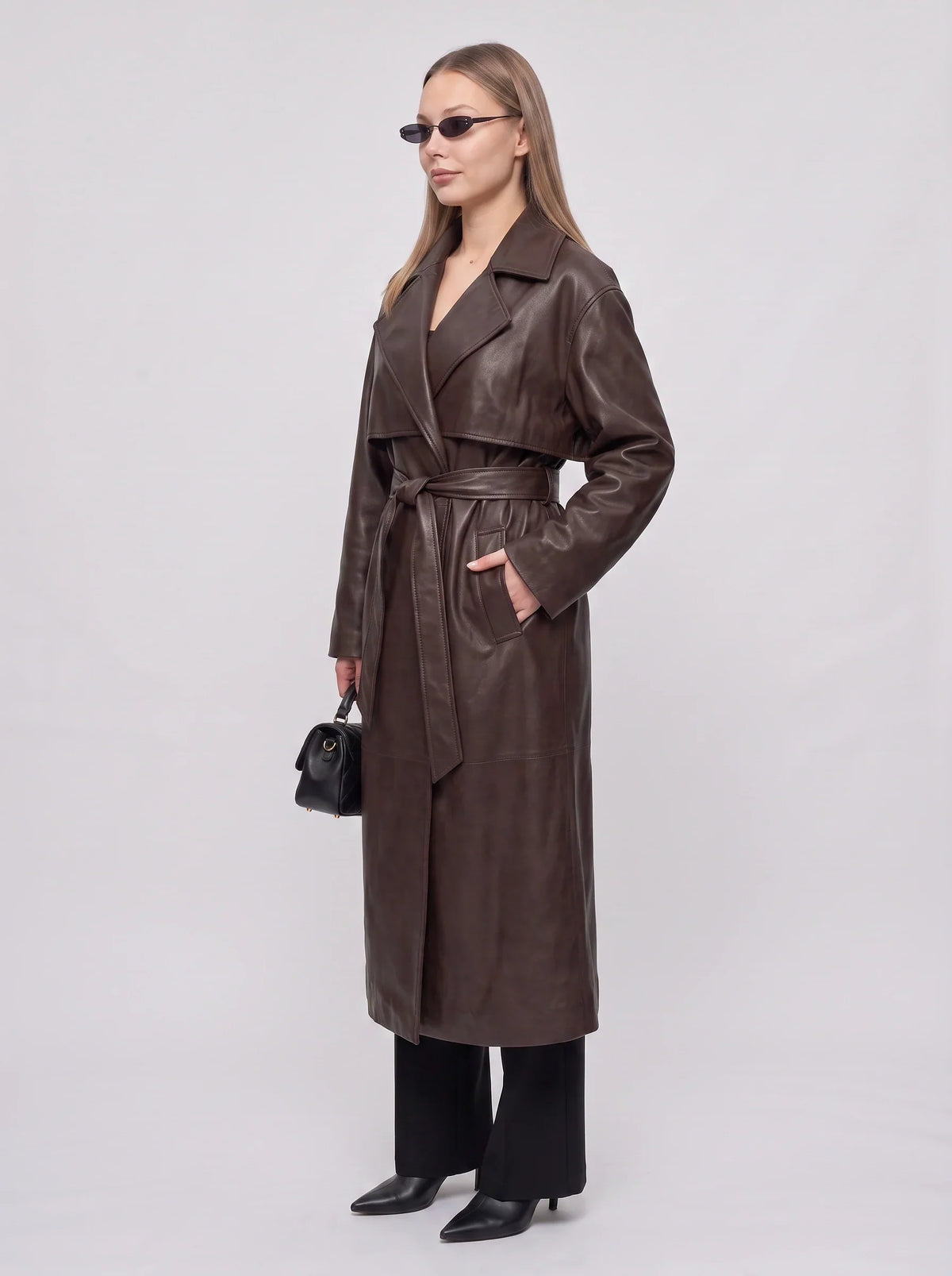 Women's Longline Faux Leather Belted Winter Trench
