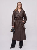 Women's Longline Faux Leather Belted Winter Trench
