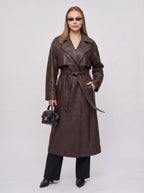 Women's Longline Faux Leather Belted Winter Trench