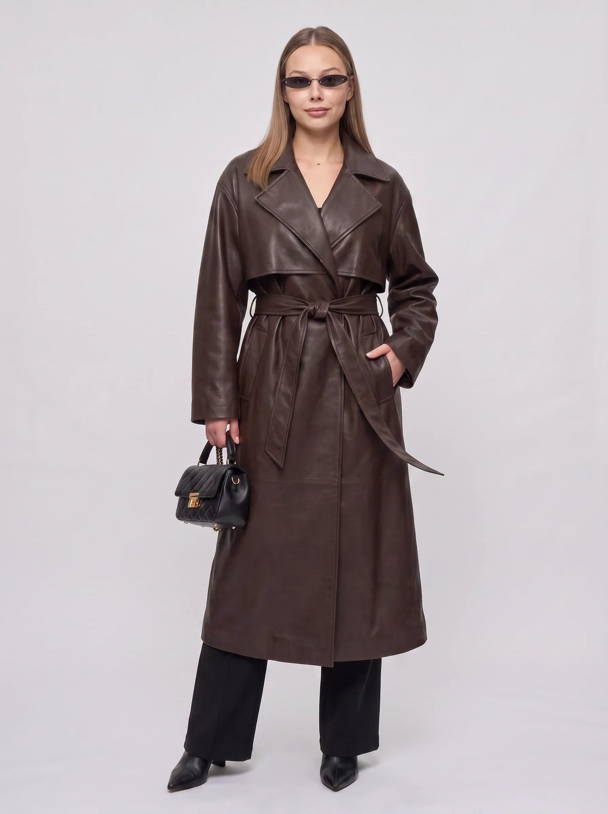 Women's Longline Faux Leather Belted Winter Trench