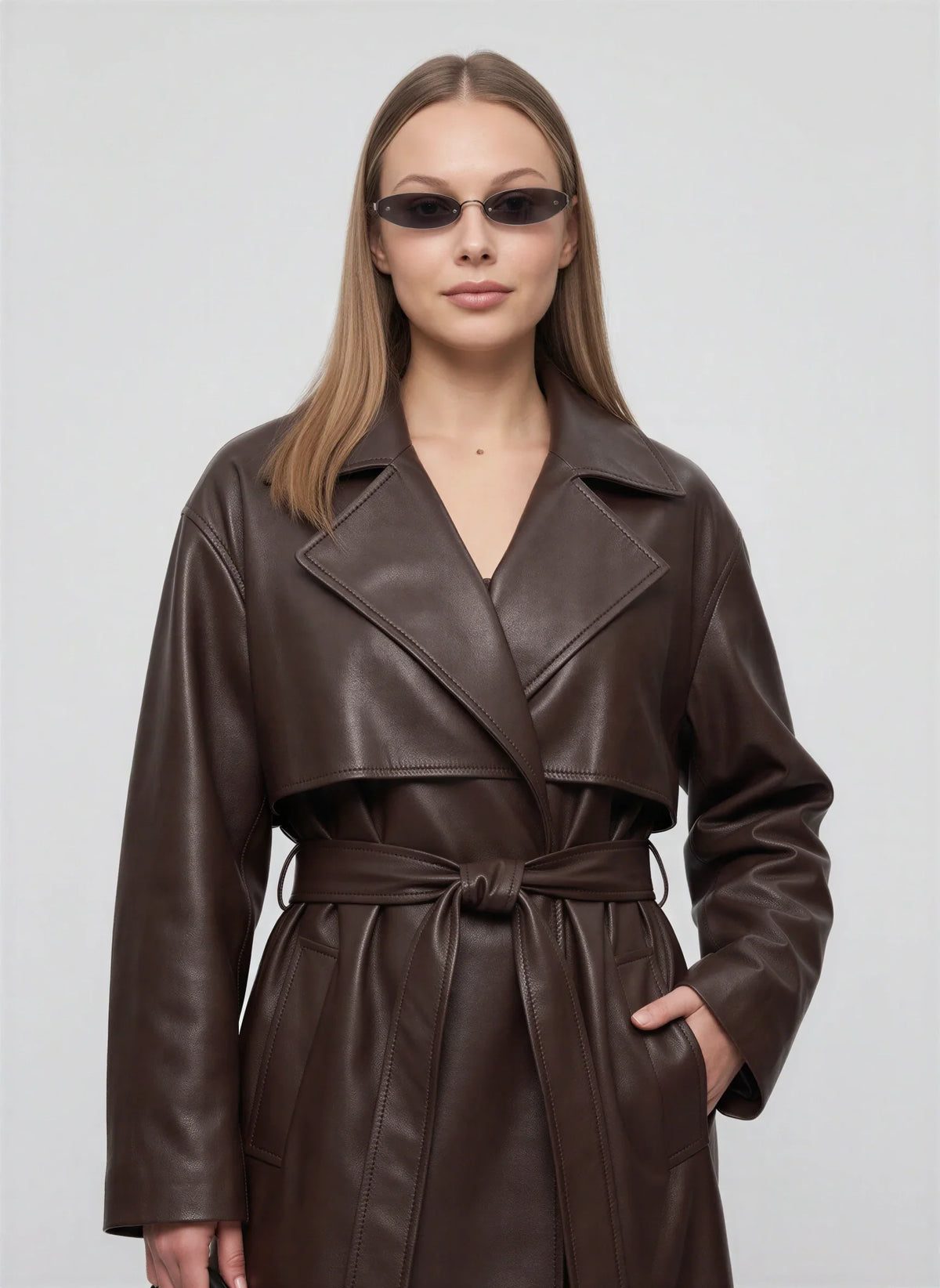 Women's Longline Faux Leather Belted Winter Trench