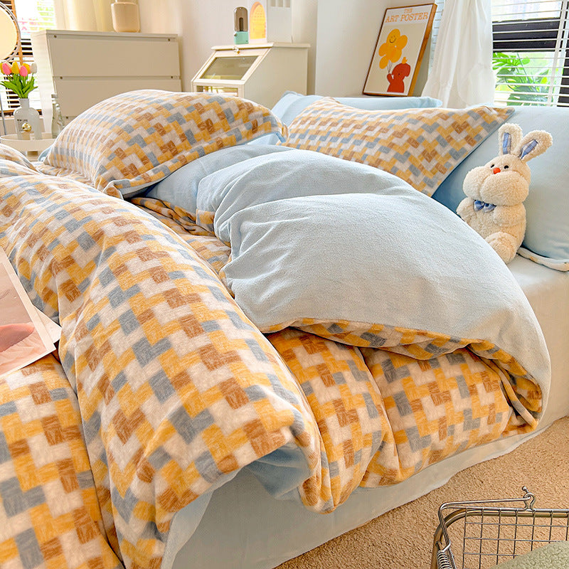 Nordic Striped Coral Fleece Duvet Cover 3-Piece Bedding Set