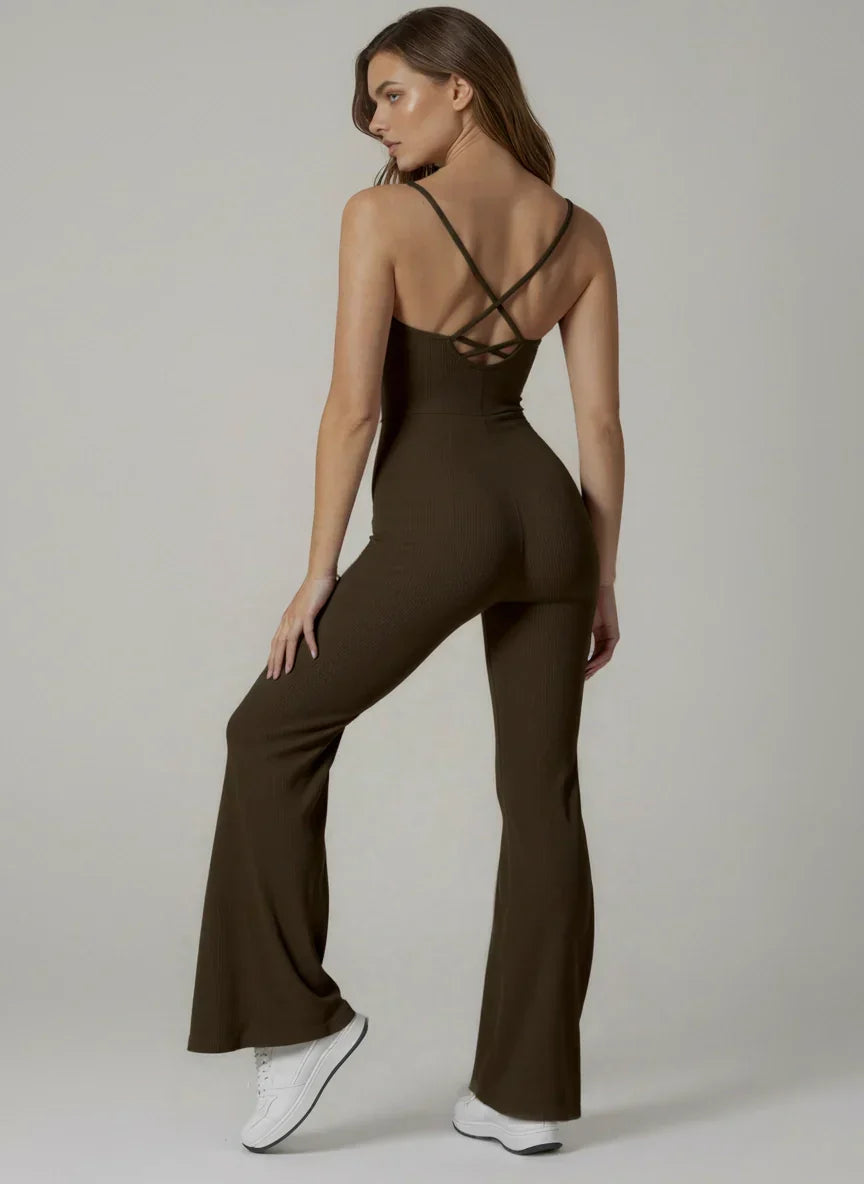 Cross Back Flared Athletic Bodysuit Jumpsuit with Built-In Bra