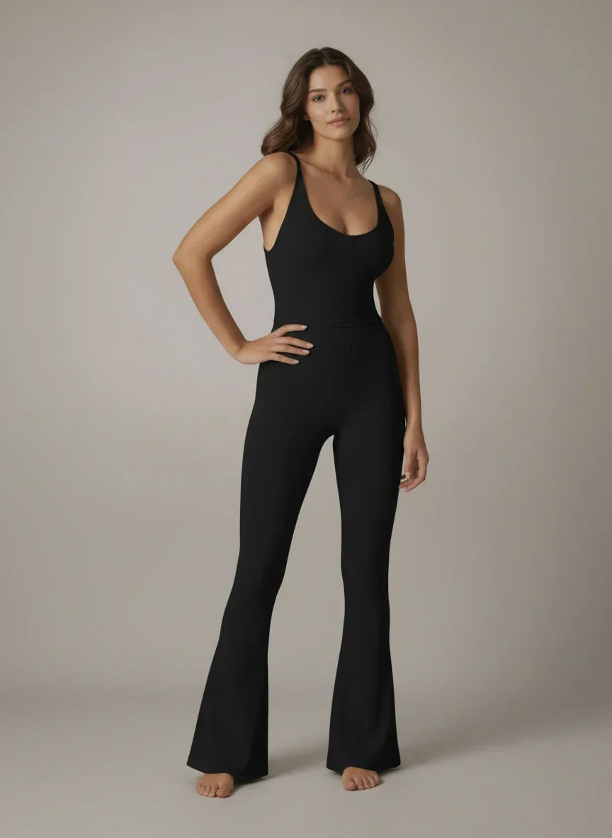 Cross Back Flared Athletic Bodysuit Jumpsuit with Built-In Bra