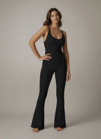 Cross Back Flared Athletic Bodysuit Jumpsuit with Built-In Bra