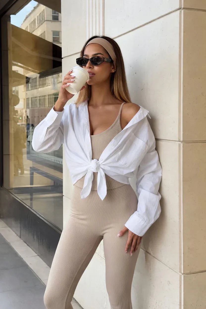 Cross Back Flared Athletic Bodysuit Jumpsuit with Built-In Bra