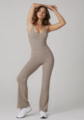 Cross Back Flared Athletic Bodysuit Jumpsuit with Built-In Bra