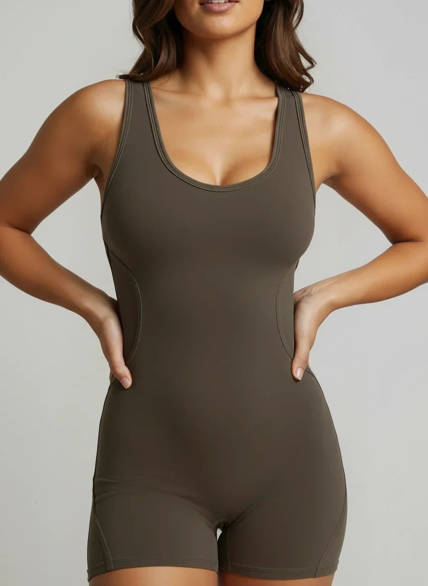 Racerback Open Cutout Athletic Bodysuit Onesie with Built-In Cups