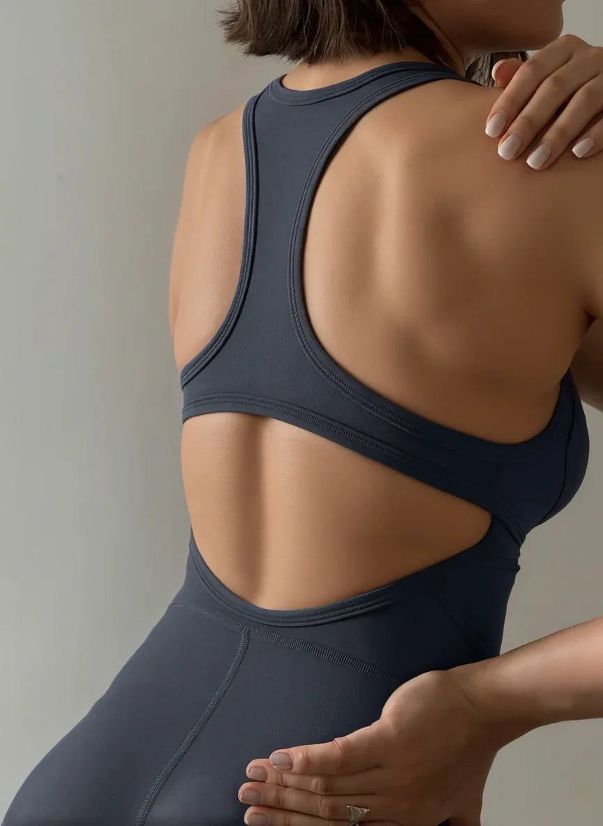 Racerback Open Cutout Athletic Bodysuit Onesie with Built-In Cups
