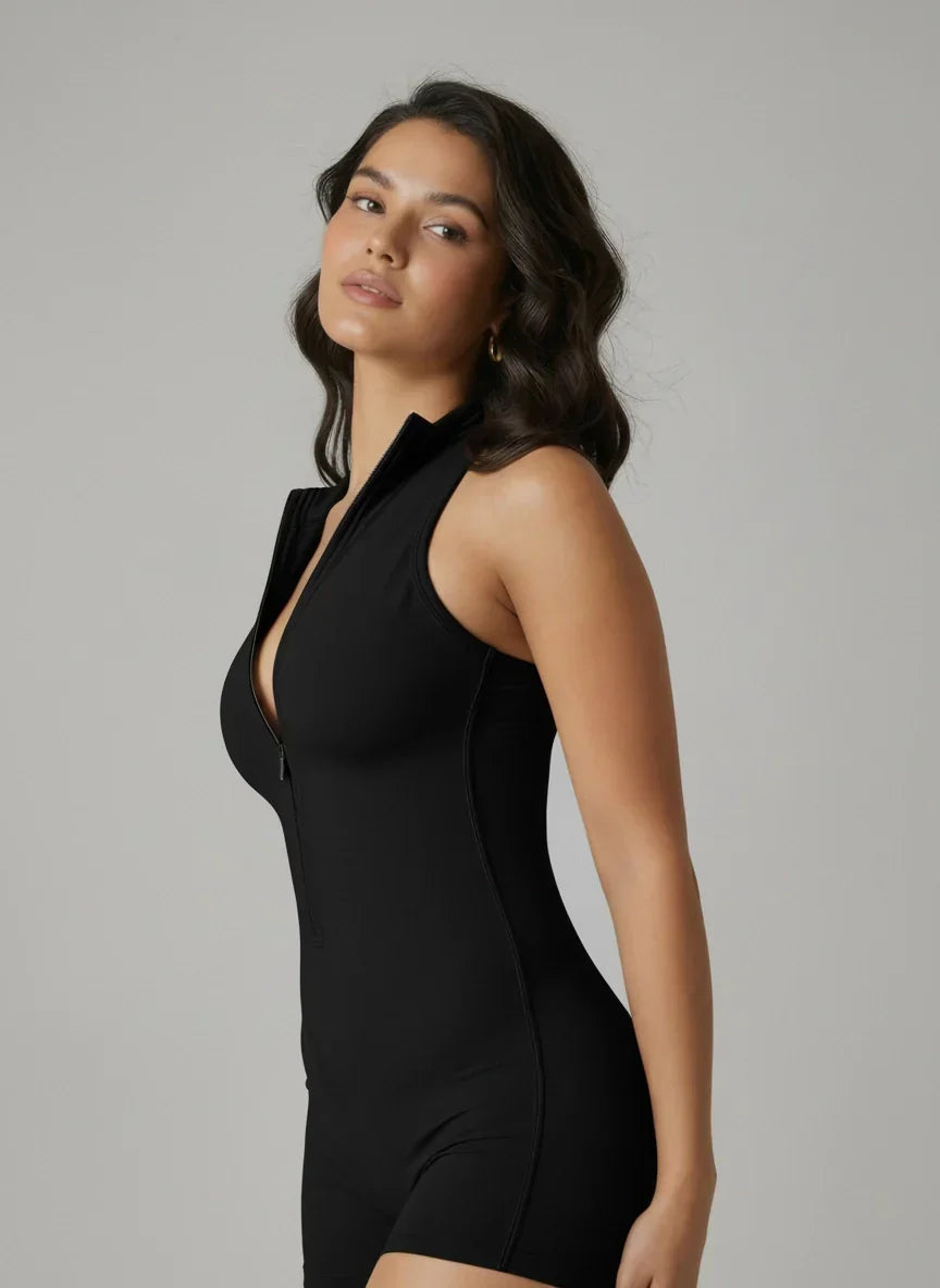 Mock Neck Zipper Sculpting Athletic Bodysuit Onesie
