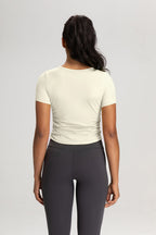 The Slim Fit V-Neck Athleisure Ruched T-Shirt with Built-In Pads