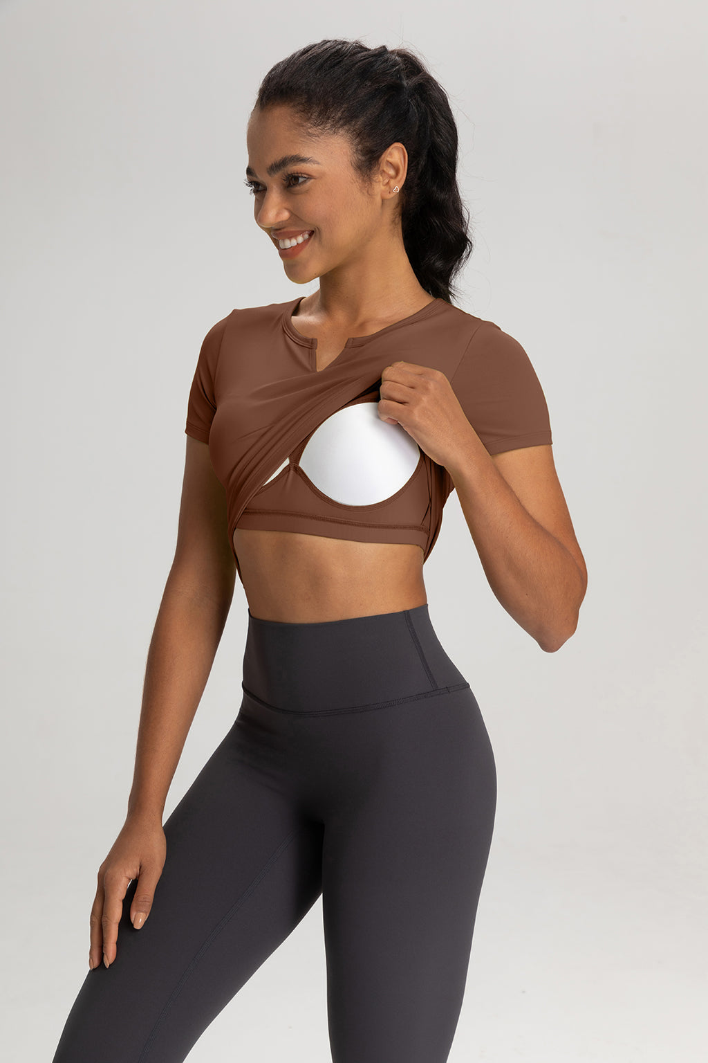 The Slim Fit V-Neck Athleisure Ruched T-Shirt with Built-In Pads