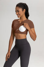 The Slim Fit V-Neck Athleisure Ruched T-Shirt with Built-In Pads